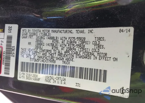 2014 Toyota Tundra Limited 5.7L V8 from USA, damaged, VIN 5TFBW5F14EX379958